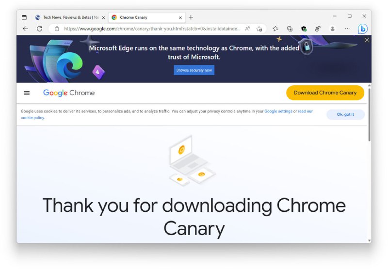 Microsoft Edge Canary 浏览器在Chrome下载页面注入大幅广告“规劝”用户继续使用Edge