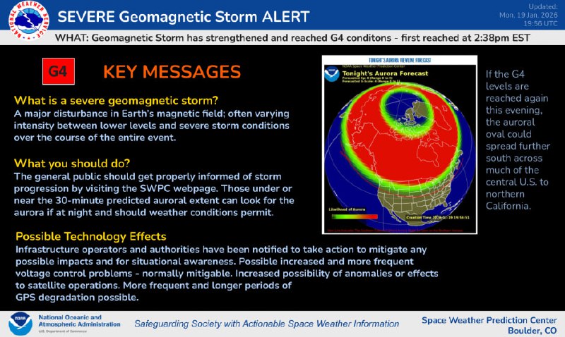美国发布严重地磁暴警报美国国家海洋和大气管理局空间天气预测中心今天发布G4级地磁暴警报（最高G5）