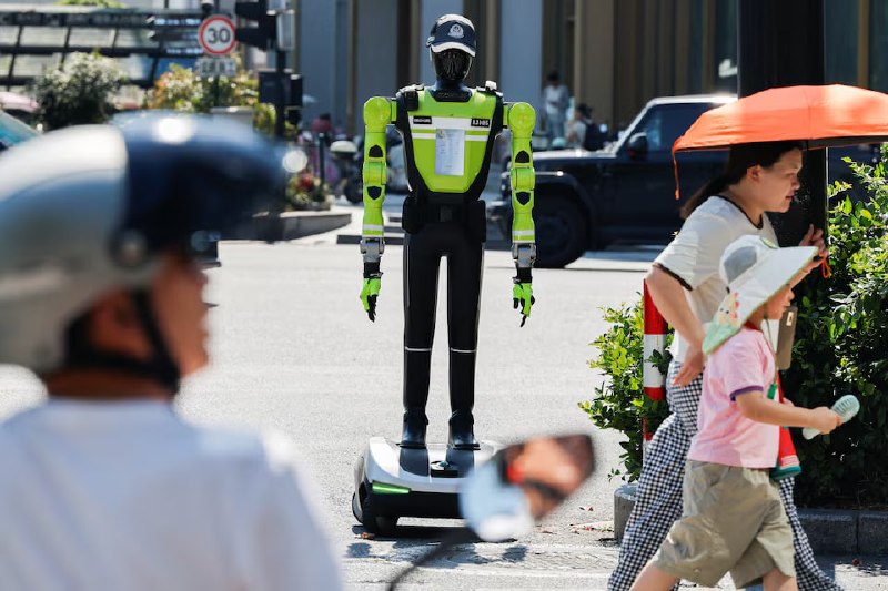 杭州市部署机器人交警，可规劝标记违章行为在中国杭州的一个繁忙路口，1.88米高的机器人警察利用摄像头、雷达和车载计算机来识别未戴头盔的骑车人、载客的电动自行车、越过标线停车的车辆以及违反信号灯过马路的行人，发出礼貌警告，并与交通信号灯同步摆动机械臂